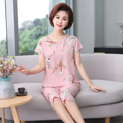 Pink Big Size 2PCS Female Pajamas Suit Flower Print Mom Sleepwear Middle Aged Loose Home Wear Summer New Nightwear L-4XL Pijama