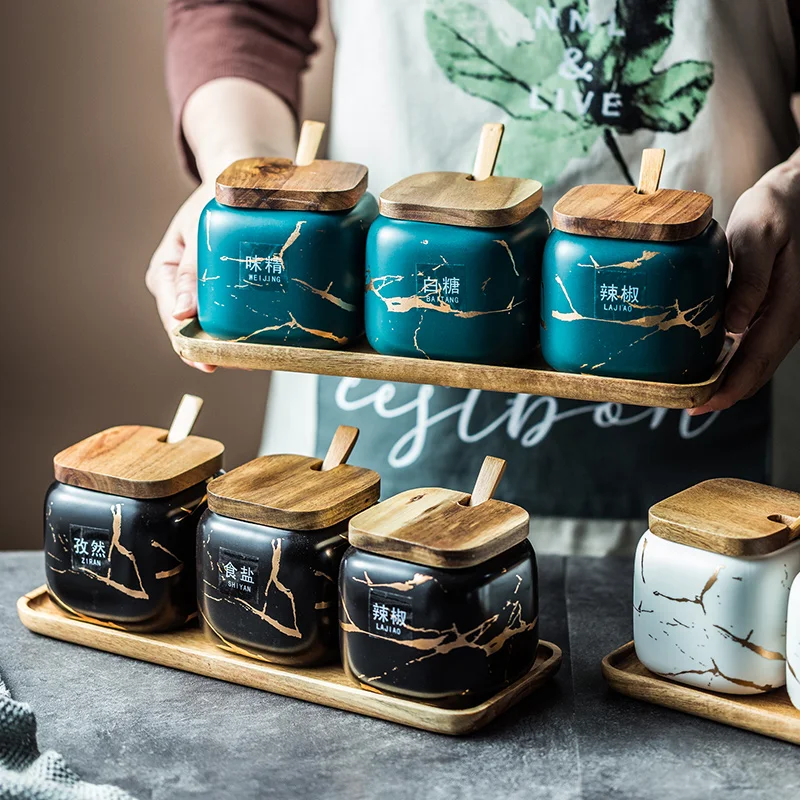  Nordic Style Ceramic Matte Marbled Seasoning Jar Oil Salt Cans Household Seasoning Box Kitchen Bott - 4000062817089