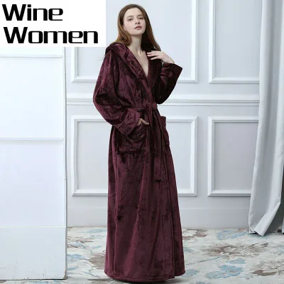 Women Wine Для мужчин и женщин с капюшоном размера плюс удлиненный теплый халат зимний утолщенный фланелевый термо банный халат мужские халаты мужской Халат s - Цвет: Women Wine