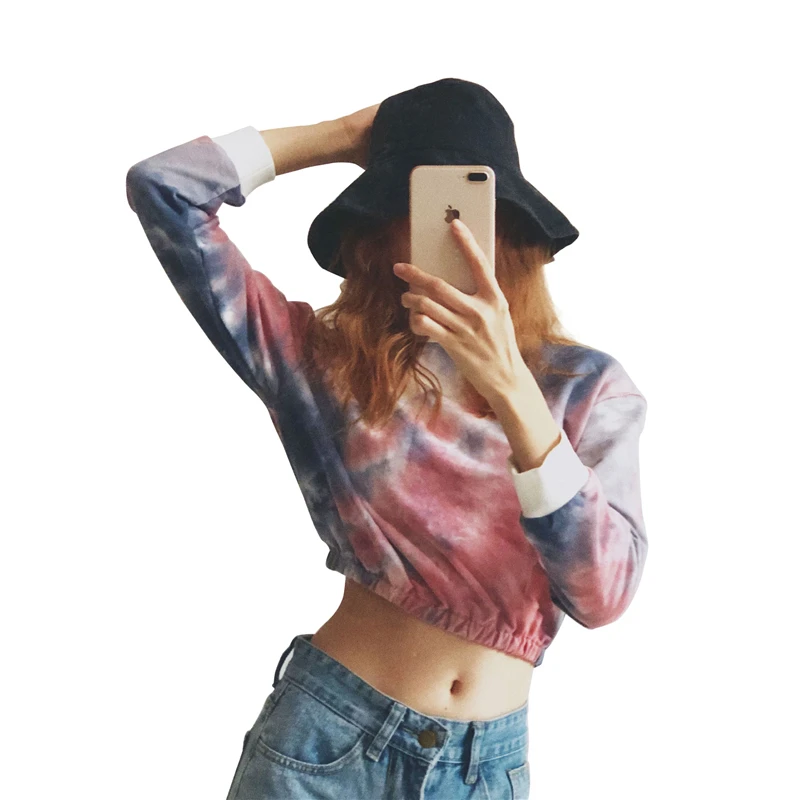 

2020 Women Crop Top Fashion Colorful Round Neck T-shirt Long Sleeve Jumper Pullover Casual Loose Top Ladies Top And Shirt