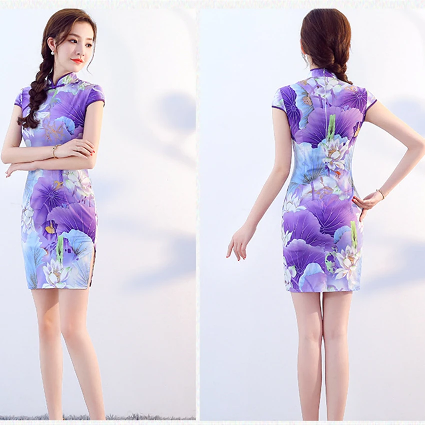 4Color Chinese Traditional Dress for Women Short Qipao Peony Lotus Chinese Style Cheongsam Party Wedding Floral Retro Dress
