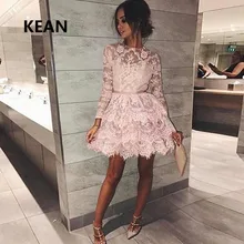 Розовые платья Длинные рукава длиной до колена кружева Многоуровневые vetidos элегантные коктейльные платья