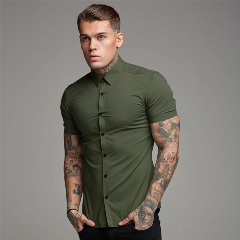 

New Mens Casual Sports Short Spring Summer Brand Shirts Fashion Breathable Fitness Clothing Turn-down Collar Sleeve