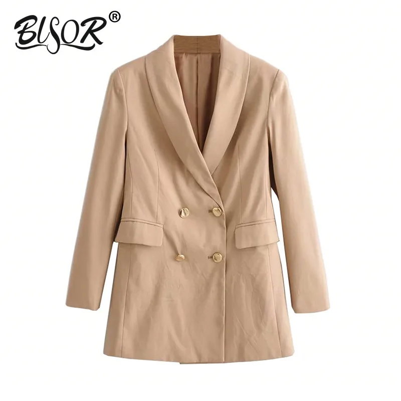 

Vintage Double Breasted Women Pant Suit Light khaki Notched Blazer Jacket High Waist Pant 2019 Spring Office Wear Women Suits