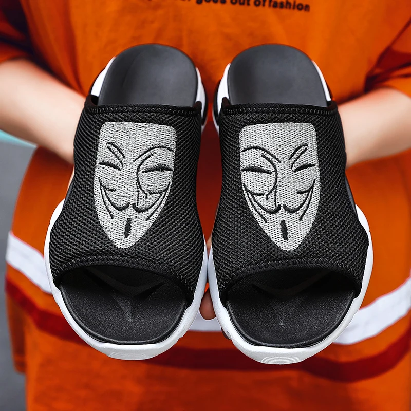 

CASOIPRA Embroidery Summer Men's Slides Outdoor Beach Slippers Men Black Sandals Breathable Flip Flops Shoes