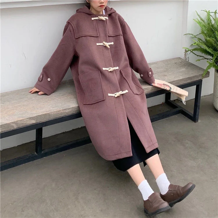 Women Wool Blends Korean Style Horn Button Elegant Hooded Preppy Girls Loose Autumn Winter Warm Cute Kawaii Casual Jacket best winter coats for women