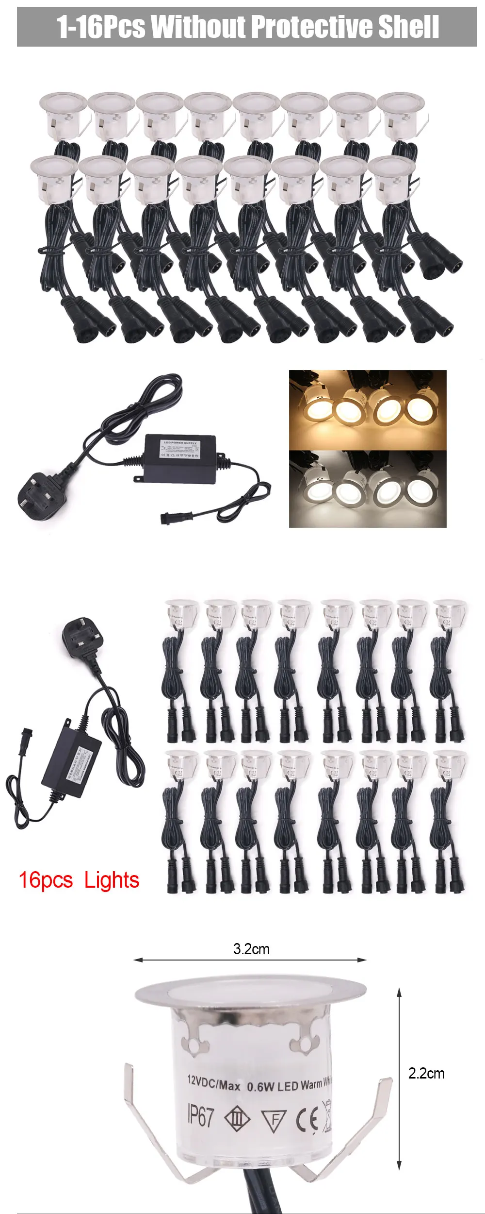 Description Picture 2 of item1-16PCS 12V LED Deck Lights IP67 Waterproof Landscape Deck Lighting Recessed Underground Lamp Garden Pathway Stairs Decoration