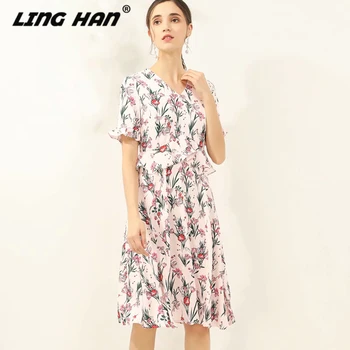 

LINGHAN Designer Women Spring Summer 2020 Sexy V-neck Floral Print Short Sleeve Dress New Dresses