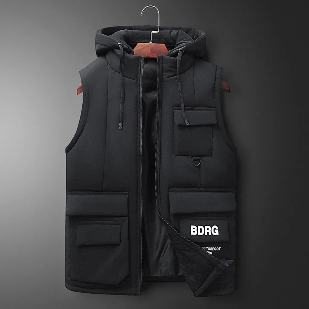 

New Fashion Men Autumn Winter Hooded Solid Outwear Vest Jacket Tops Male Cotton-Padded Work Waistcoat Gilet Homme Vest Y927