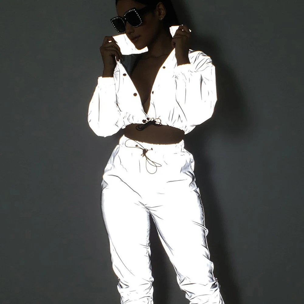 

Reflective Two Piece Set Sexy Club Women's Suit Turn-down Collar Long Sleeve Bottons Crop Top And Elastic Waist Long Pants