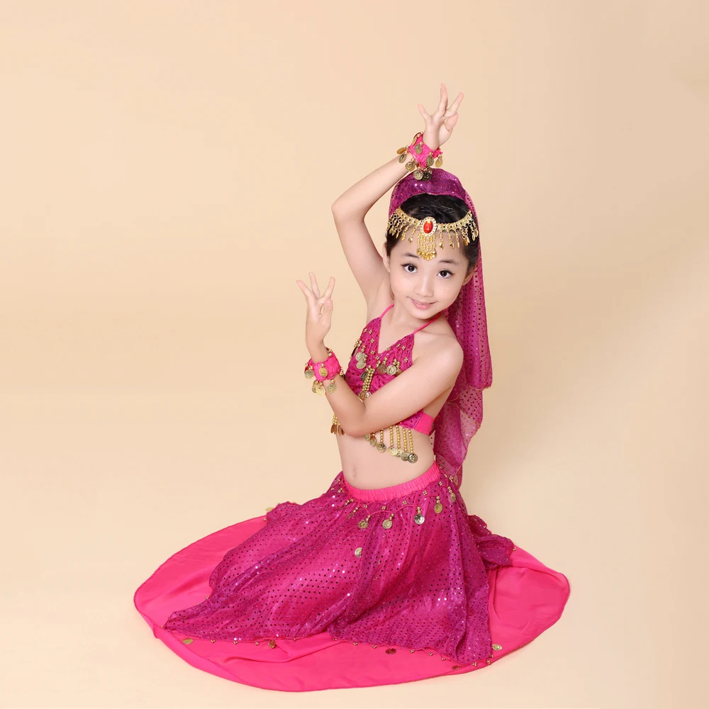 Дети Индия Детская Одежда для танцев танец живота 4 шт./компл.(топ+ юбка+ браслет+ повязка на голову) танец живота Болливуд костюмы для выступлений; танцевальная одежда