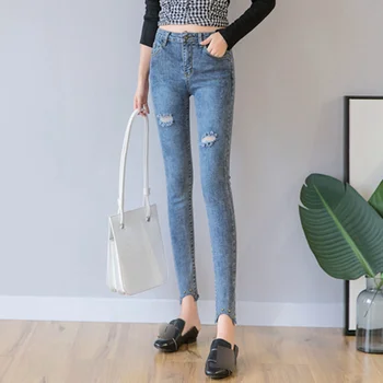 

Women Skinny Jeans Korean Version Hole Denim Ankle Length Casual Slim Jeans Female High Waist Denim Jeans Pencil Pants