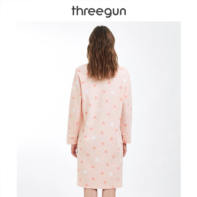 THREEGUN ночная рубашка с длинным рукавом на осень и зиму, свободная, реглан, хлопковая, с принтом, домашняя, до колена, юбка, одежда для сна