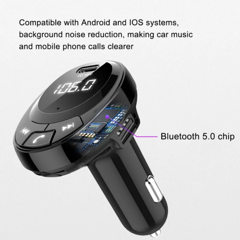 Автомобильный MP3-плеер для Bluetooth, большой экран, два порта usb type-C, быстрая зарядка, зарядное устройство, адаптер