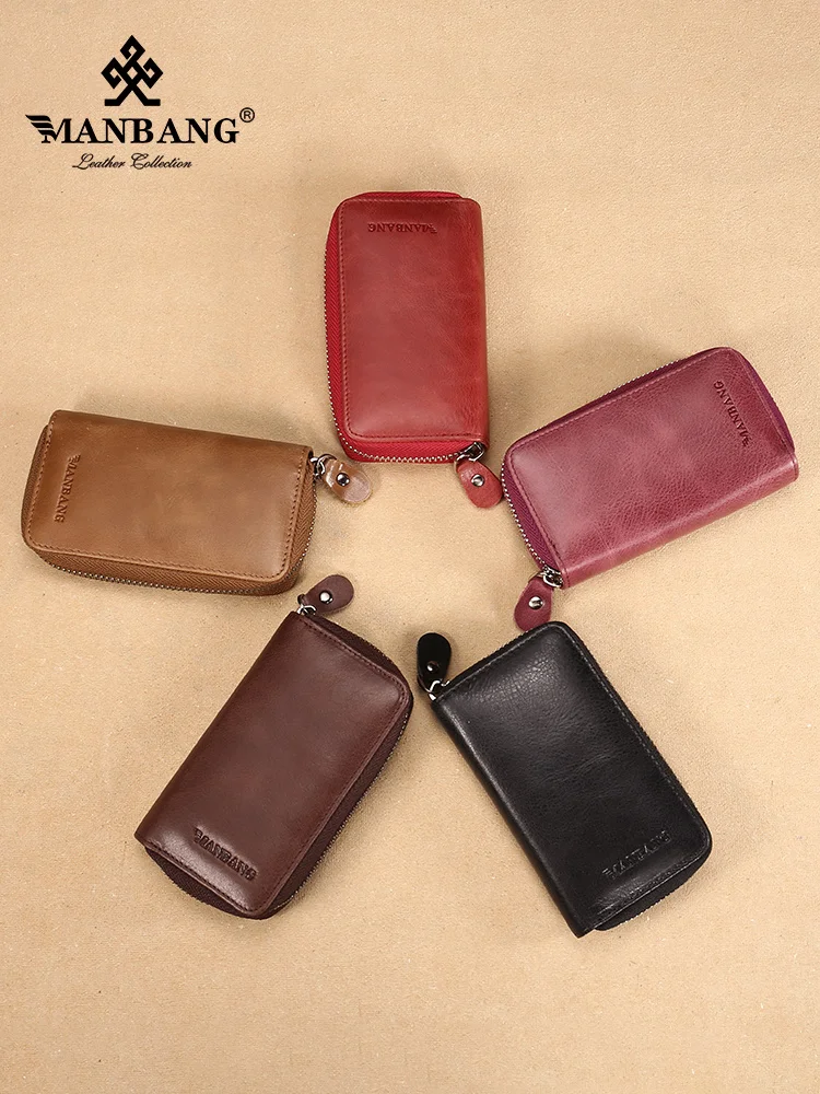 ManBang Vintage Genuine Leather Key Wallet Women Keychain Covers Zipper Key Case Bag Men Holder Housekeeper Keys Organizer Key Case Key Holder Key Organizer Key Purse