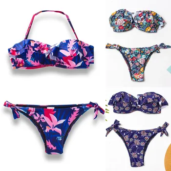 

Fashion Women Tube top Floral Printing Sexy Bikini Push-Up Pad Swimwear Lace Up Bathing Swimsuit Beachwear bikinis 2020 mujer