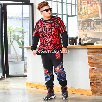 

Autumn Big Size Men Leisure Suit Plus Fat Plus Tiger Head Round Neck Long Sleeve Two-piece Set Strength