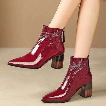 

PXELENA Vogue Genuine Patent Leather Women Ankle Boots Chunky Round High Heels Autumn Winter Shoes Lady Office Dress Party 34-42