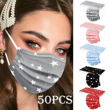 

50pcs Mask Disposable Face Mask Women Star Printing Mouth Covering 3ply Ear Loop Protective Mascarilla Deportiva