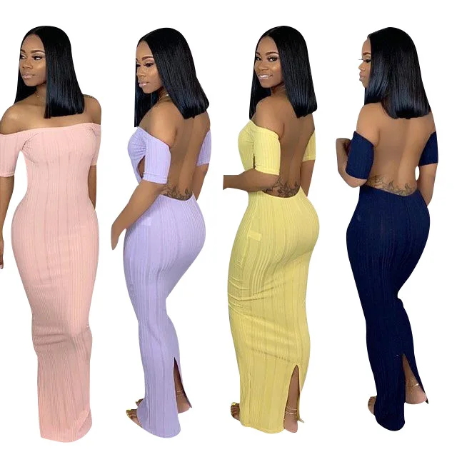 Модное сексуальное платье однотонное с коротким рукавом вырезом на спине тонкое