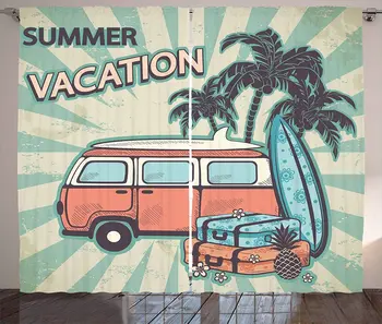 

Retro Curtains Hippie Van Near Coconut Palm Trees Floral Suitcases and Surf Boards Living Room Bedroom Window Drapes Blue