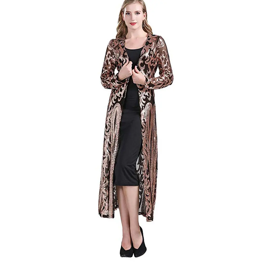 

Women Long Coat Cardigan Floral Sequined Mesh Patchwork Street Jacket Long Sleeve Plus Size Lightweight Modern Ladies Outcoat