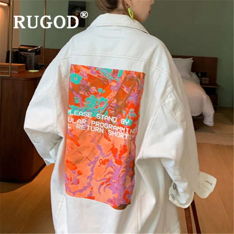 

RUGOD 2019 Jackets Women White Denim Autumn And Winter Coats Korean Style BF Loose Jeans Outwears Single Breasted Back Print Long Sleeve Casual Lady Veste Jean Femme