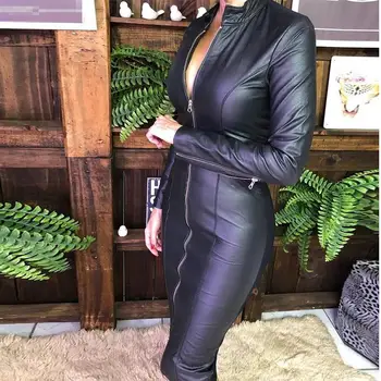 

Autumn Women's Pu Leather Dress Pencil Fashion Black Solid Party Dress Vestidos Club Long Sleeve Dresses