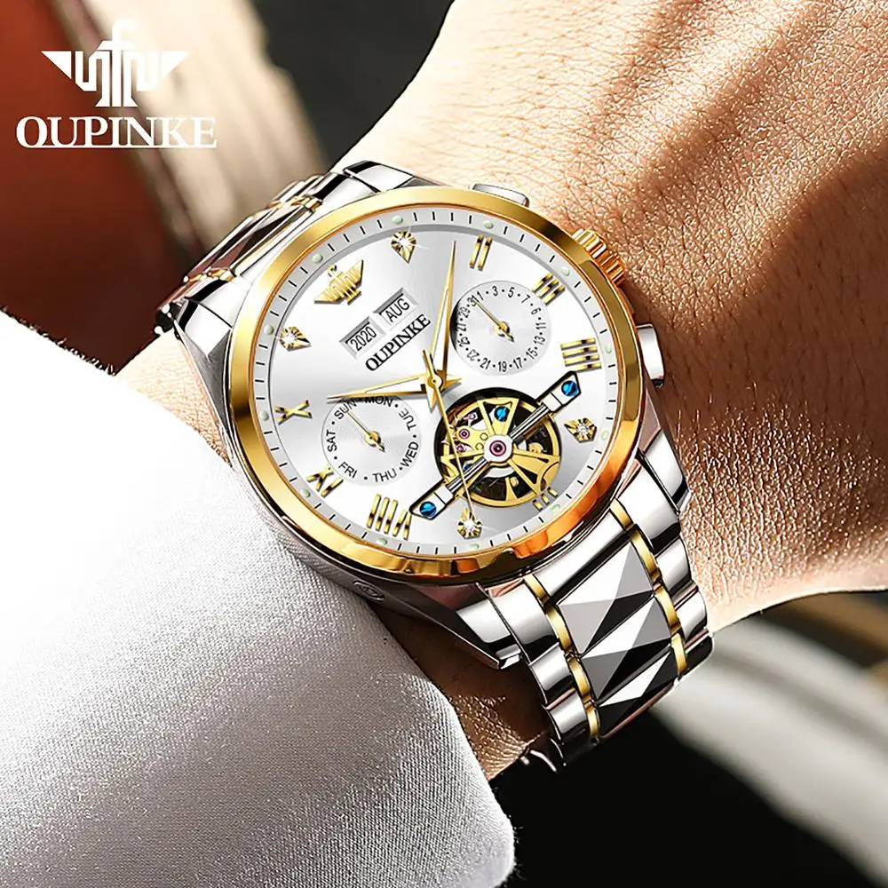 OUPINKE Brand Automatic Mechanical Men Watch Waterproof Skeleton Noctilucent Watch Tourbillon Design Mechanical Men's Watch Gift