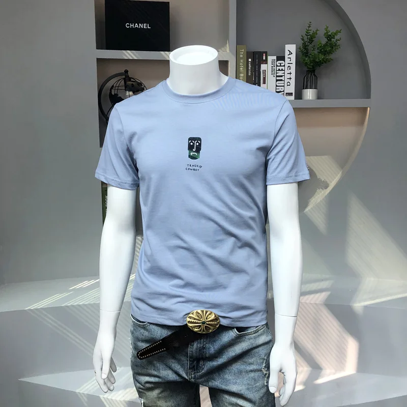 

2021 spring and summer new high-quality youth men's tide brand printed embroidery pullover slim short sleeves
