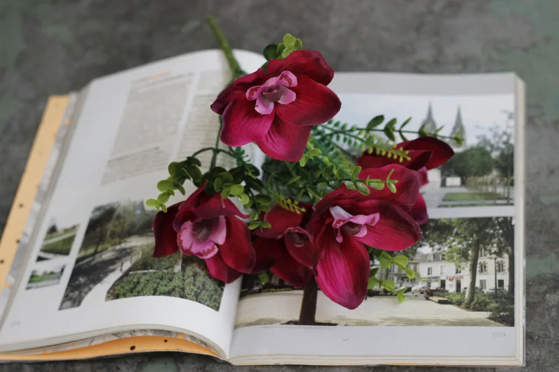 Burgundy 5 головок, искусственные цветы орхидеи, романтические, сделай сам, искусственный шелк, цветы для свадебного стола, вечерние, украшение для дома, искусственная Орхидея, Флорес - Цвет: Burgundy