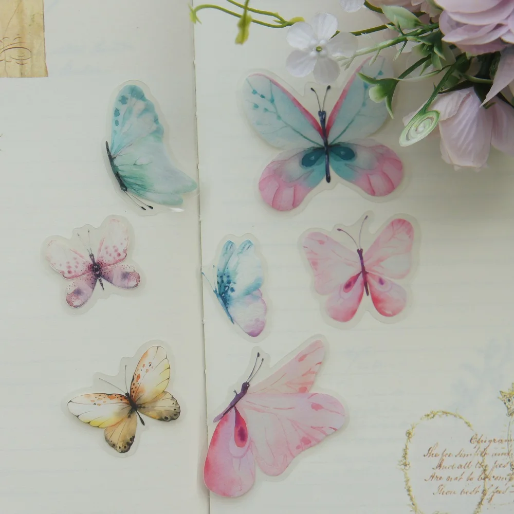 38pcs MIX Size Watercolor Pink Green Blue Butterfly Style PVC Sticker Scrapbooking DIY Gift Packing Label Decoration Tag