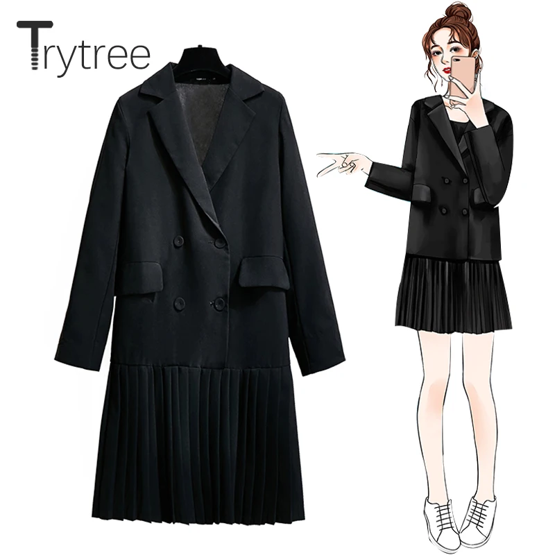 

Trytree 2019 Autumn Winter Women Casual Women Coat Turn-down Collar Double Breasted Pockets Slim Office Lady Black Dress Coat