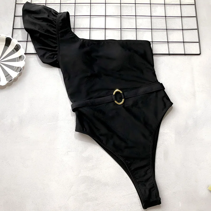 INGAGA, сексуальный купальник на одно плечо, женская одежда для плавания с рюшами, Цельный купальник с поясом, одежда для плавания с высоким вырезом, пляжная одежда, одноцветная купальная одежда