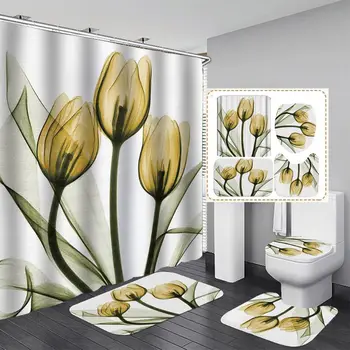 

4PCS/Set Shower Curtain Floor Mat U Shape Mat Toilet Lid Cover Bath Curtain Waterproof Polyester Bathroom Rugs Bath Mat