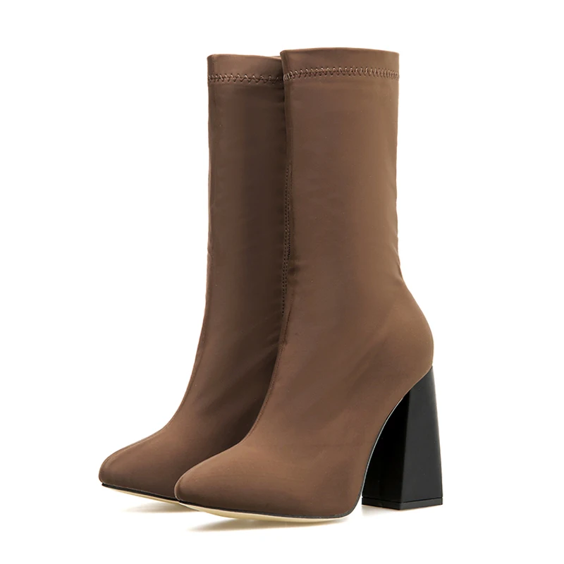

Ladies Shoes Spring Autumn Fashion Square Heel Mid Tube Pointed Zipper Elastic Boots Large Size Casual Brown High Heel Woman