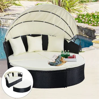 

Elegant Outdoor Patio Rattan Round Retractable Canopy Daybed Infinitely Reconfigurable Seat Soft Cushions Pillows Patio Couch