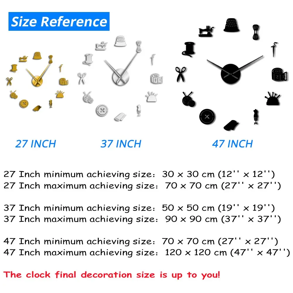 Tailor Shop3D  DIY Giant Mute Wall Clock Dressmaker Needlecraft Seamstress Mannequin Sewing Machine Needle Bar Large Clock Watch