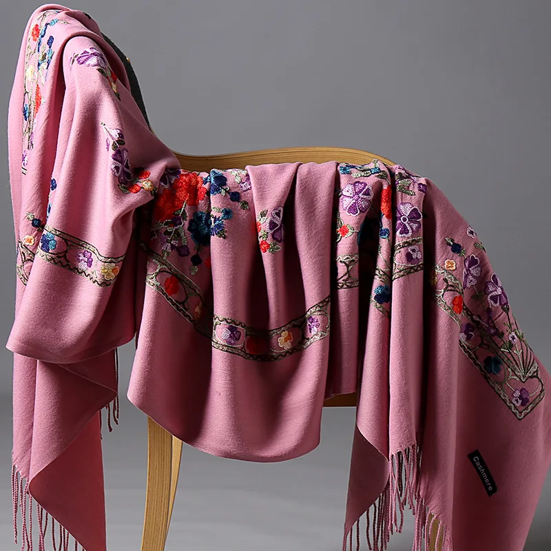 drak pink Негабаритный зимний теплый однотонный шарф для женщин/леди мягкие кашемировые шали цветок вышивка кашемировые женские накидки - Цвет: drak pink