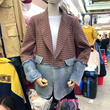 

2020 Spring and Autumn New Vintage Suit Collar Plaid Coat Splicing Worn Out Denim Suit Coat Woman Plus Size Women Jacket