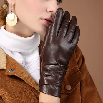 

European and American style stylish folded 100% sheepskin gloves, brand design, women in winter to keep warm leather gloves