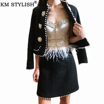 

Women's Two Piece Sets 2019 Autumn Winter Clothes Skirt and Jacket Black Pearls Buttons Woolen Suits Female High Fashion S,M,L