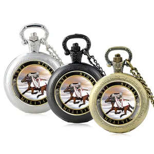 Antique  The Crusaders XPISRI SIGILLUM MILITUM Glass Cabochon Quartz Pocket Watch Vintage Men Women Pendant Necklace Chain