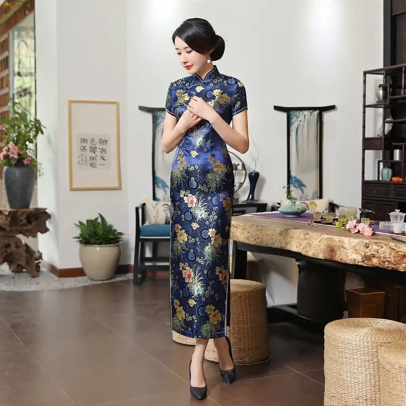 Юная леди длинный атласный Cheongsam винтаж кнопка цветок большой размер 3XL традиционные китайские платья для женщин летние новые Qipao - Цвет: Navy Blue