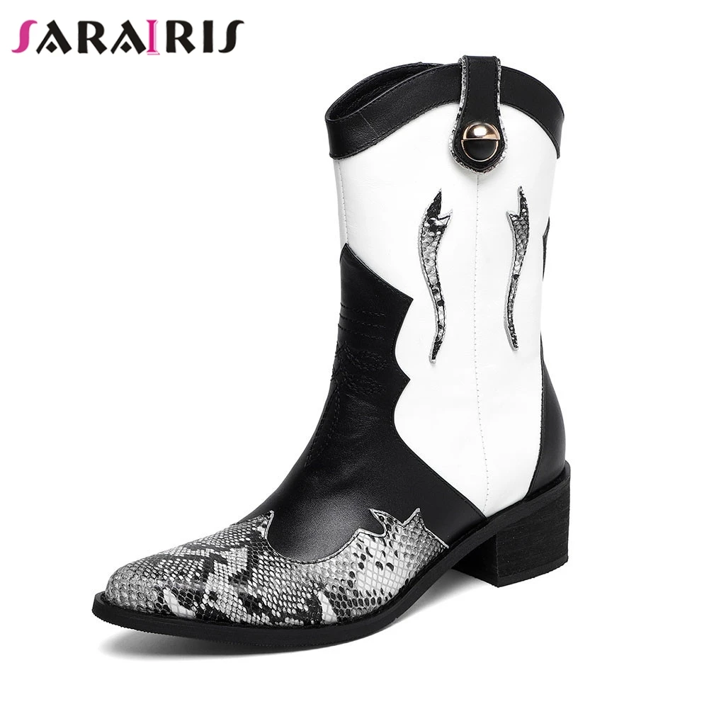 

SARAIRIS Brand New Pointed Toe Patchwork Genuine Leather Ladies Chunky Heels Women Shoes Casual Party Autumn Spring Boots Woman