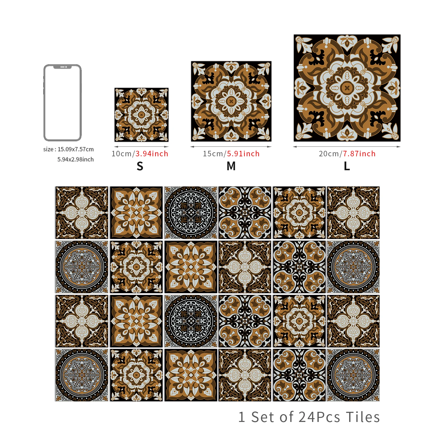 24PCS Wall Sticker Gray Moroccan Vintage Art Waterproof Vinyl Peel and Stick Tile Stickers Home Decor Kitchen Bathroom DIY Decal