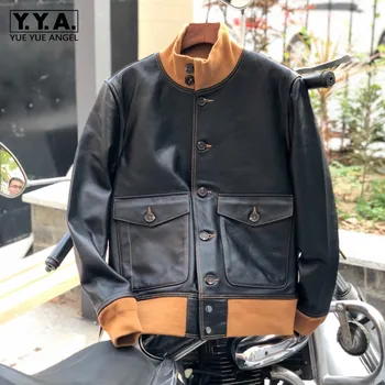 

Vintage Mens Stand Collar Flying Jacket Casual Pockets Slim Fit Bomber Coat Outwear Male Autumn Sheepskin Genuine Leather Jacket