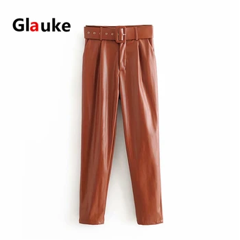 

GLAUKE women black faux leather suit pants high waist pants sashes 2020 office ladies pu leather trousers sexy slim leather Penc