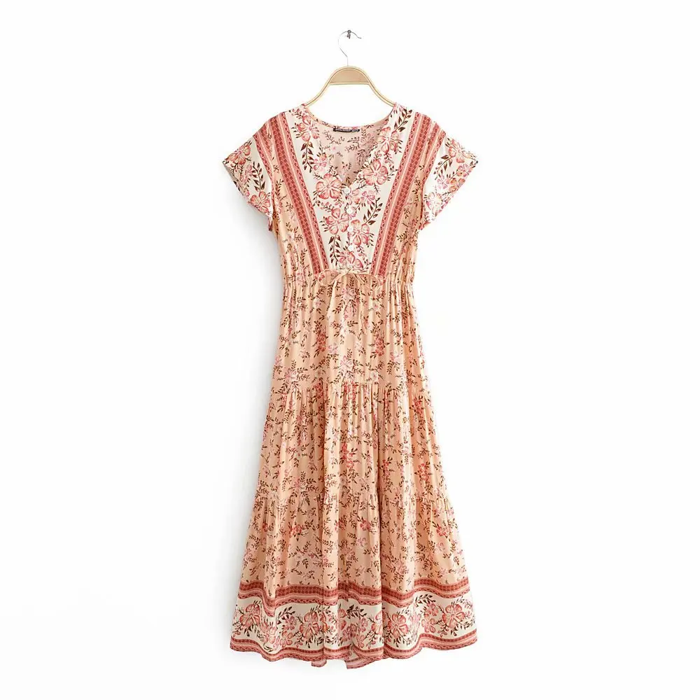 

2019 Autumn New Style Loose-Fit Slimming Versatile Trumpet Short Sleeve Yellow Cherry Blossom Positioning Dress Women's