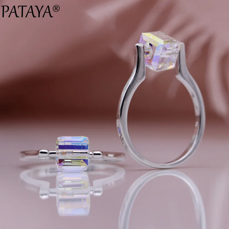 PATAYA, новинка, австрийский кристалл, квадратные женские кольца, 585, розовое золото, белое кольцо, свадебное, простое AB, красочное, уникальное, хорошее, модное ювелирное изделие